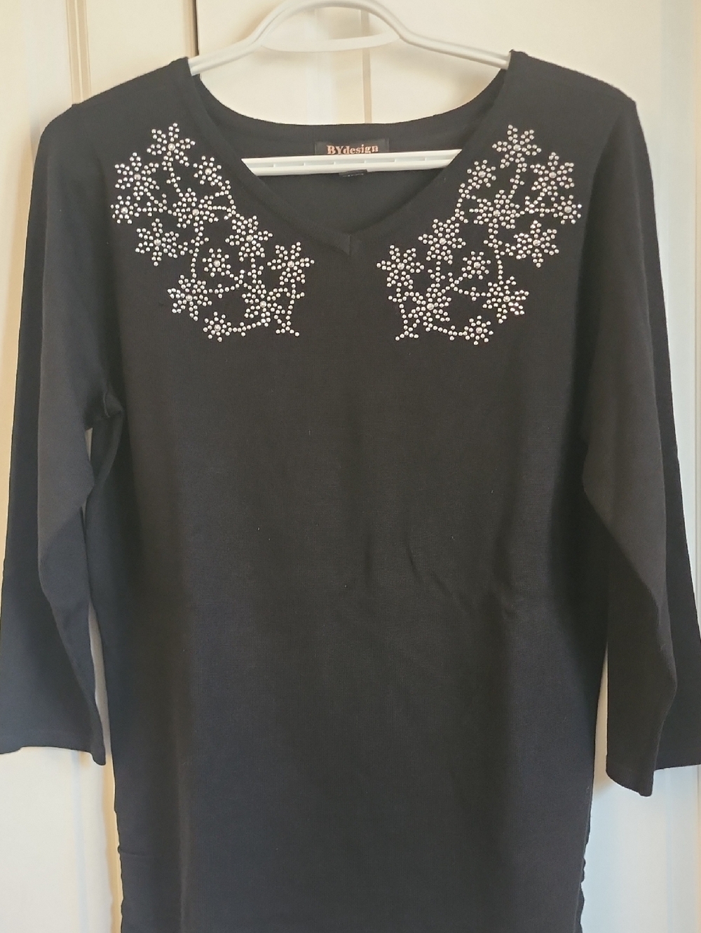 Black Embellished V-Neck Women's Top